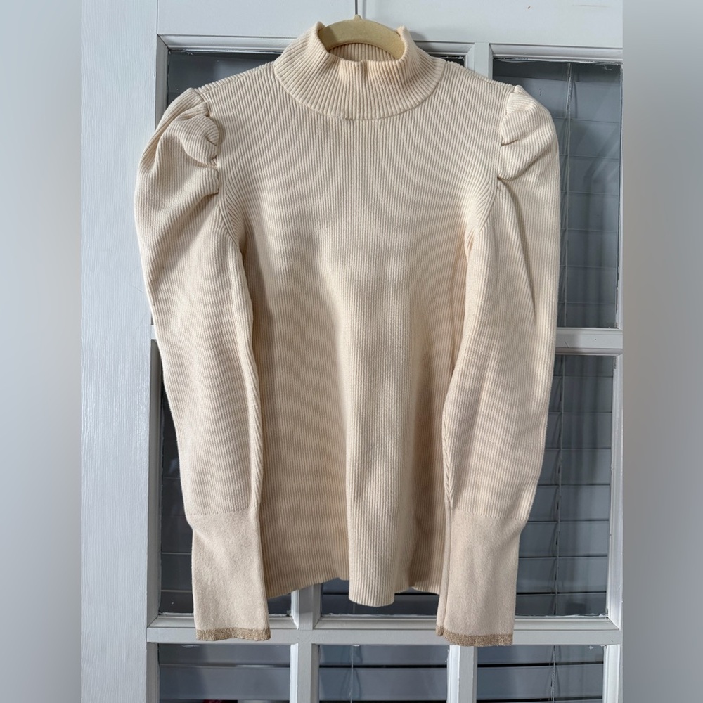 Nine West Women's M Beige Puff Sleeve Ribbed Turtleneck Sweater | SKU‎ 0296